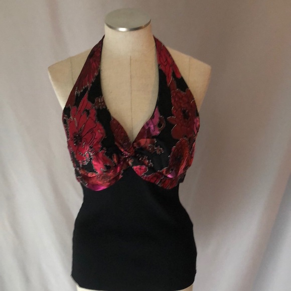 Cache Tops - Black and floral print halter top